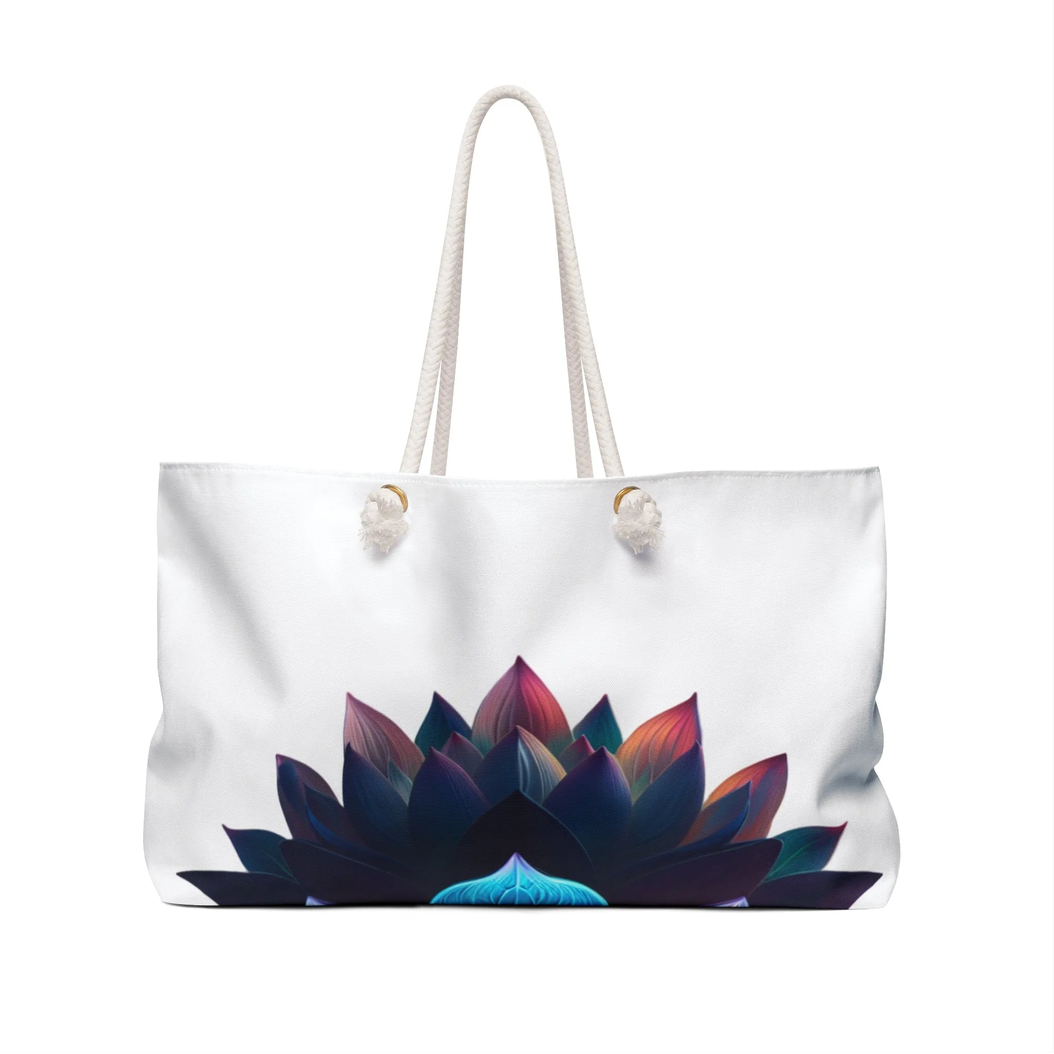 Tote Bag: Lotus Reflection Asymmetric Weekender Bag in White - Perfect for Travel & Yoga Retreats