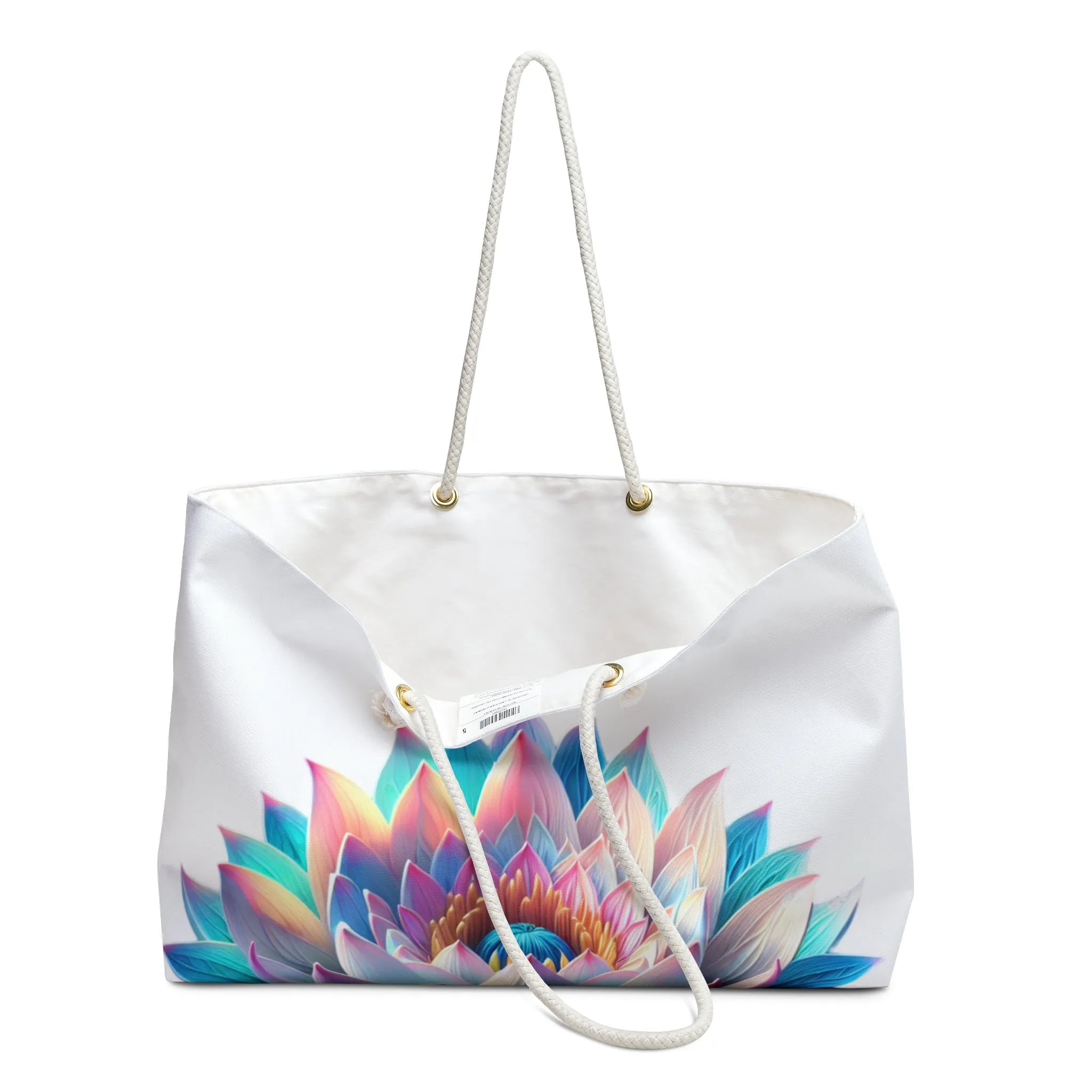 Tote Bag: Lotus Reflection Asymmetric Weekender Bag in White - Perfect for Travel & Yoga Retreats