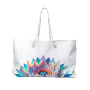 Tote Bag: Lotus Reflection Asymmetric Weekender Bag in White - Perfect for Travel & Yoga Retreats