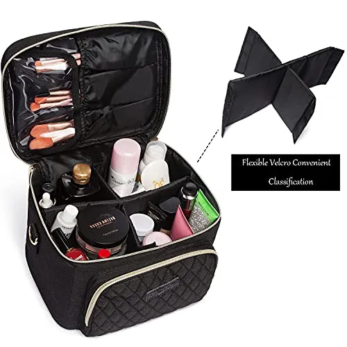 Travel Makeup Bag for Women, Scorila Large Cosmetic Case Organizer Fits Bottles Vertically, Toiletry Bag with Adjustable Dividers and Brush Holder, Portable Storage Bag with Strap for Girls, Black