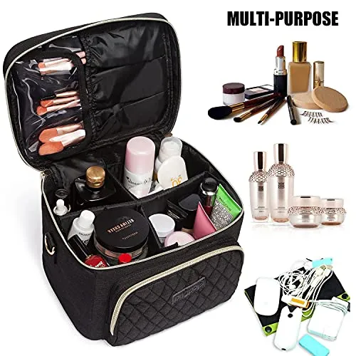 Travel Makeup Bag for Women, Scorila Large Cosmetic Case Organizer Fits Bottles Vertically, Toiletry Bag with Adjustable Dividers and Brush Holder, Portable Storage Bag with Strap for Girls, Black