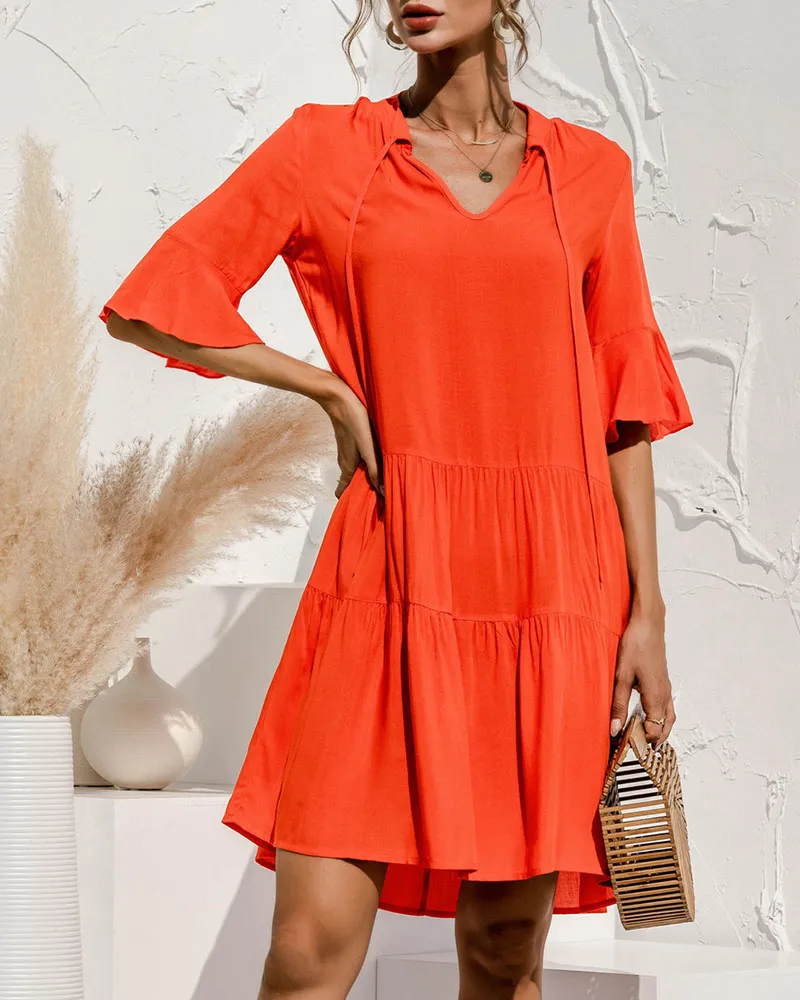 V-Neck Flared Sleeve Cake Dress