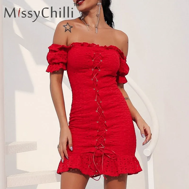 VenusFox Red ruffle off shoulder lace up sexy summer dress