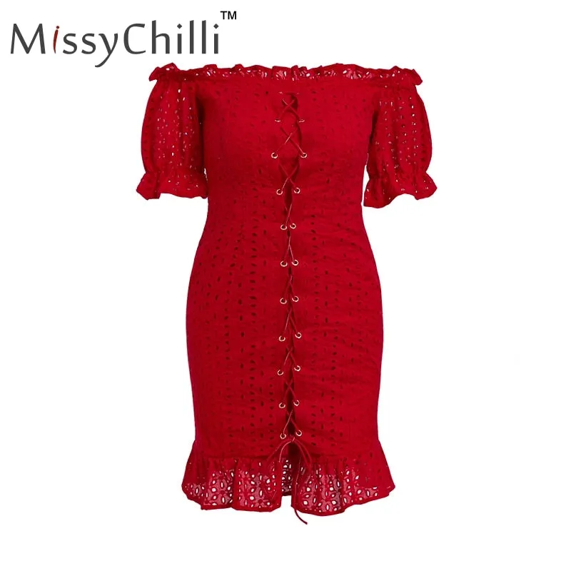 VenusFox Red ruffle off shoulder lace up sexy summer dress