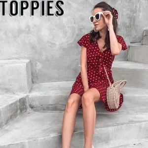 VenusFox Summer Polka Dot Wrapped Ruffles Dress