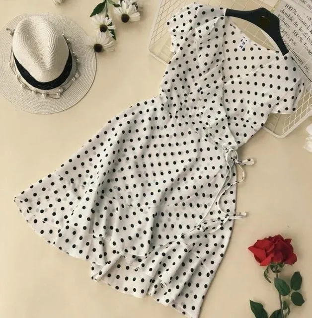 VenusFox Summer Polka Dot Wrapped Ruffles Dress