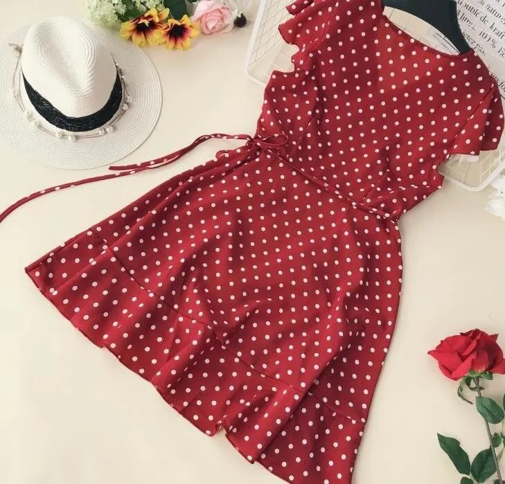 VenusFox Summer Polka Dot Wrapped Ruffles Dress