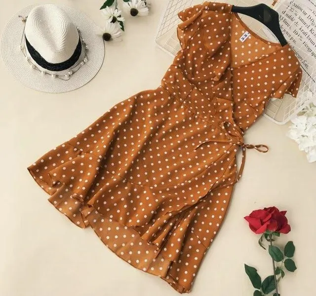 VenusFox Summer Polka Dot Wrapped Ruffles Dress