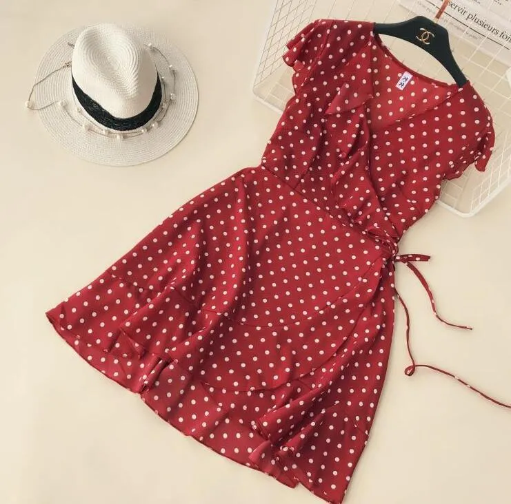 VenusFox Summer Polka Dot Wrapped Ruffles Dress