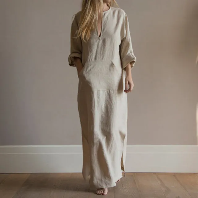 VenusFox Vintage Maxi Casual Loose Linen Dress