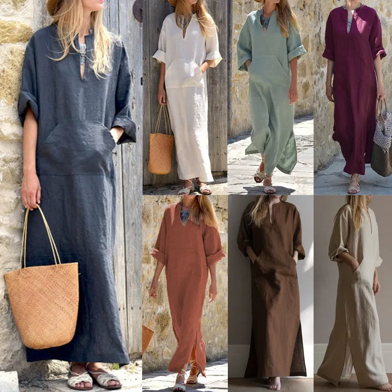 VenusFox Vintage Maxi Casual Loose Linen Dress