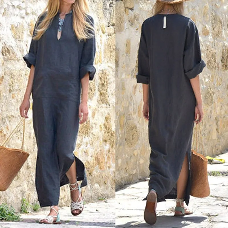 VenusFox Vintage Maxi Casual Loose Linen Dress