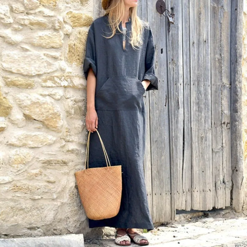 VenusFox Vintage Maxi Casual Loose Linen Dress