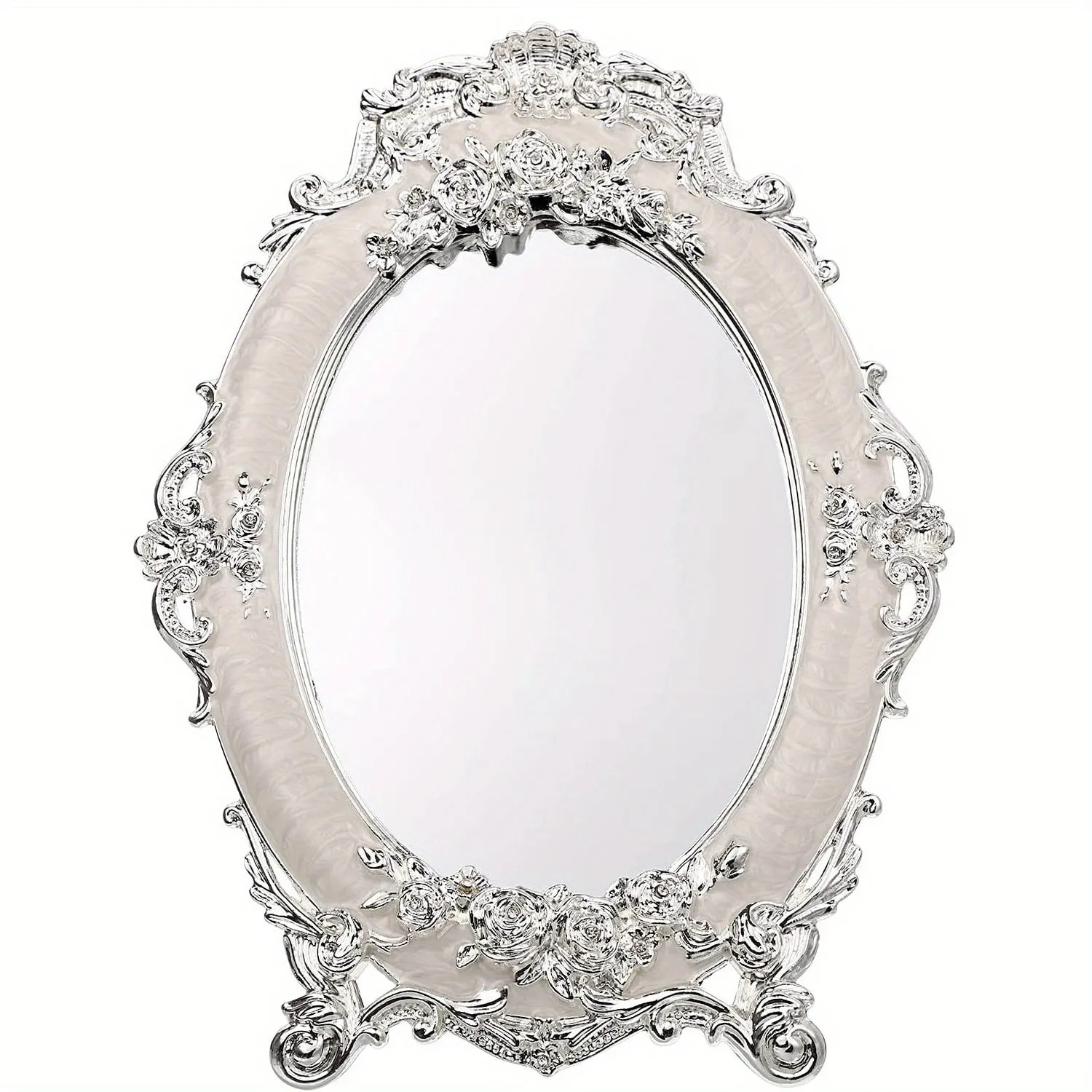 Vintage Oval Mirror with Stand - Elegantly Rose Embossed, Antique Finish