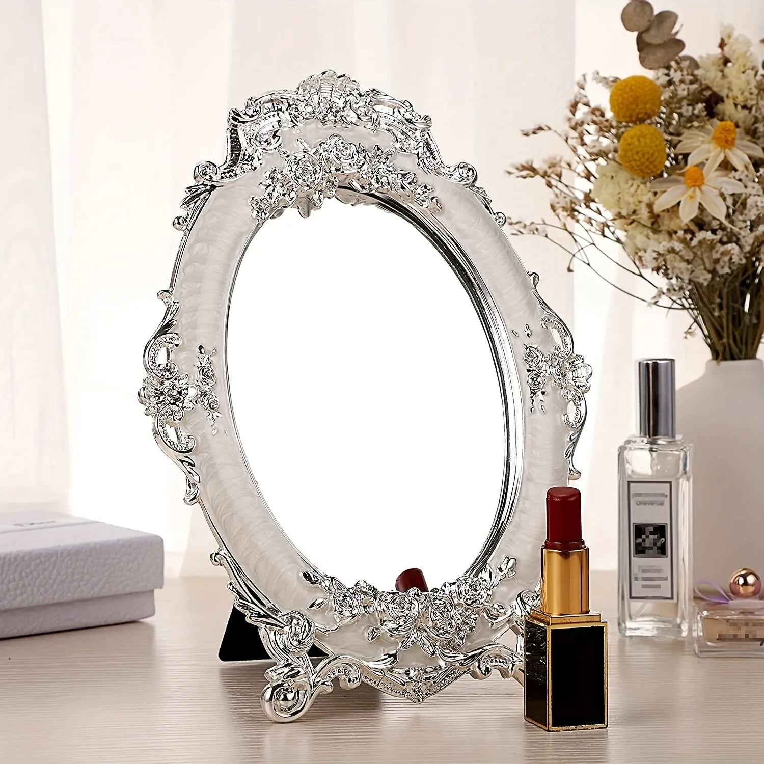 Vintage Oval Mirror with Stand - Elegantly Rose Embossed, Antique Finish