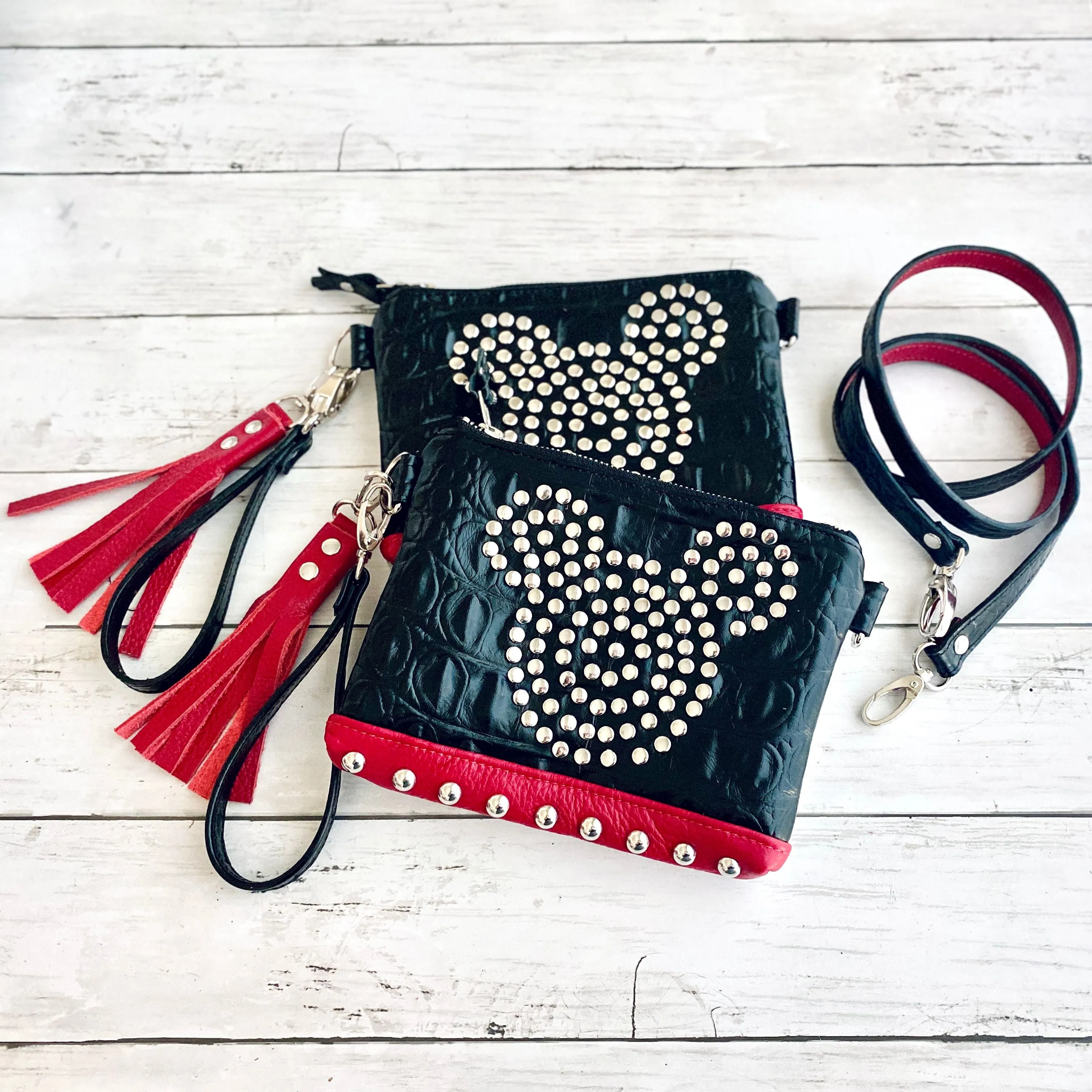 Wristlet in Black Croc, Mirror Ball, Chili Pepper, Studs