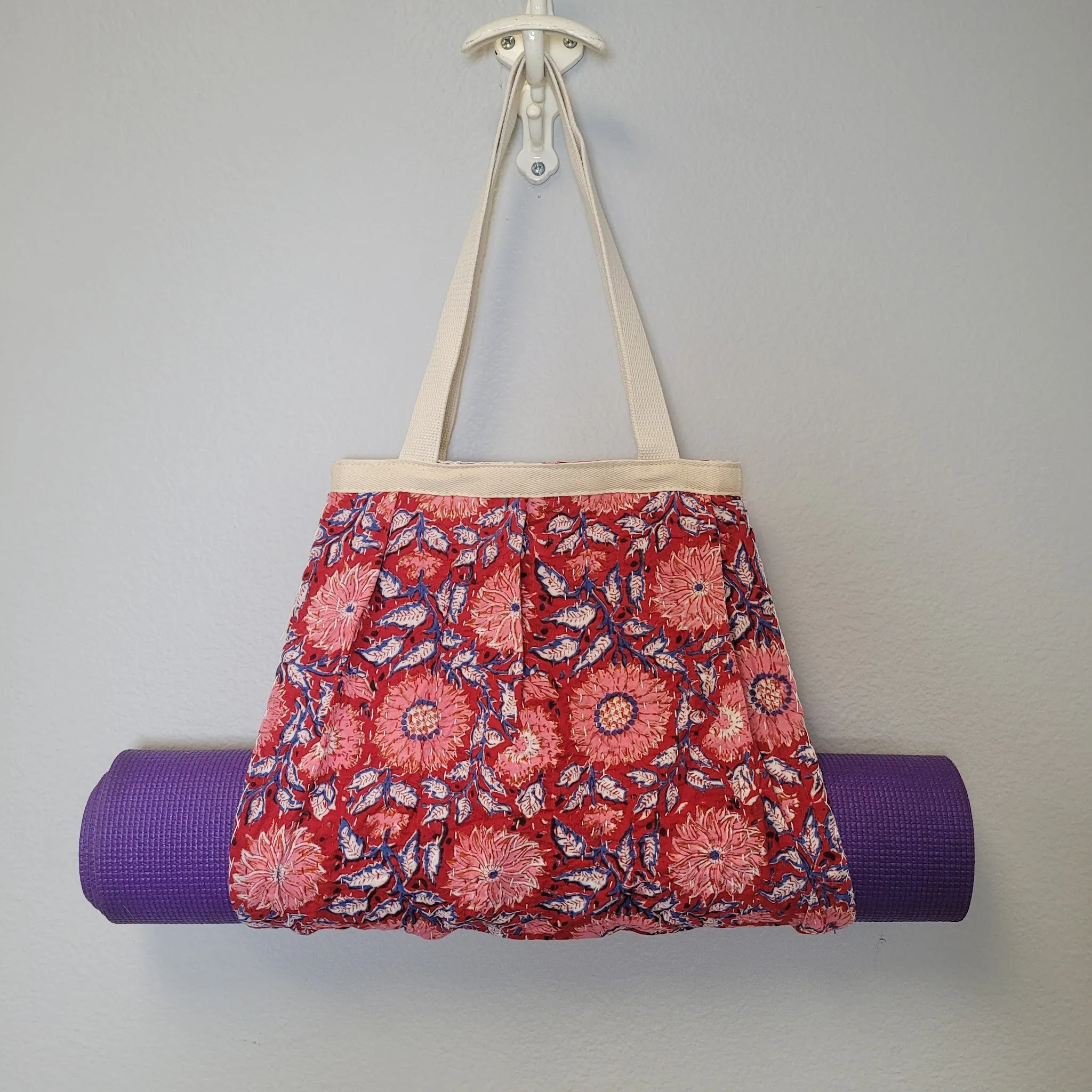 Yoga Mat Carrier Bag Purse - Kantha Quilt Design - Red, Pink and Blue